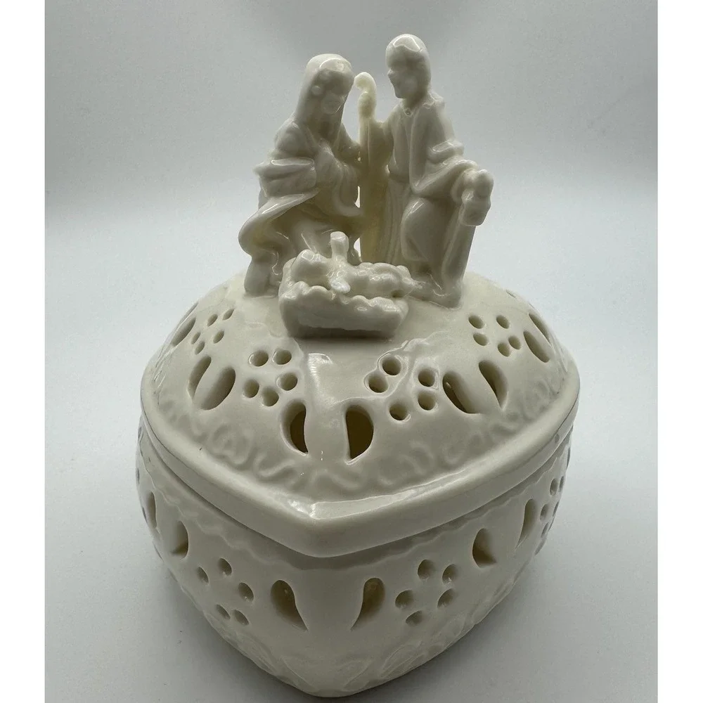 Vintage Jade Nativity Trinket Box Holy Family Jesus Mary Joseph Christmas Decor